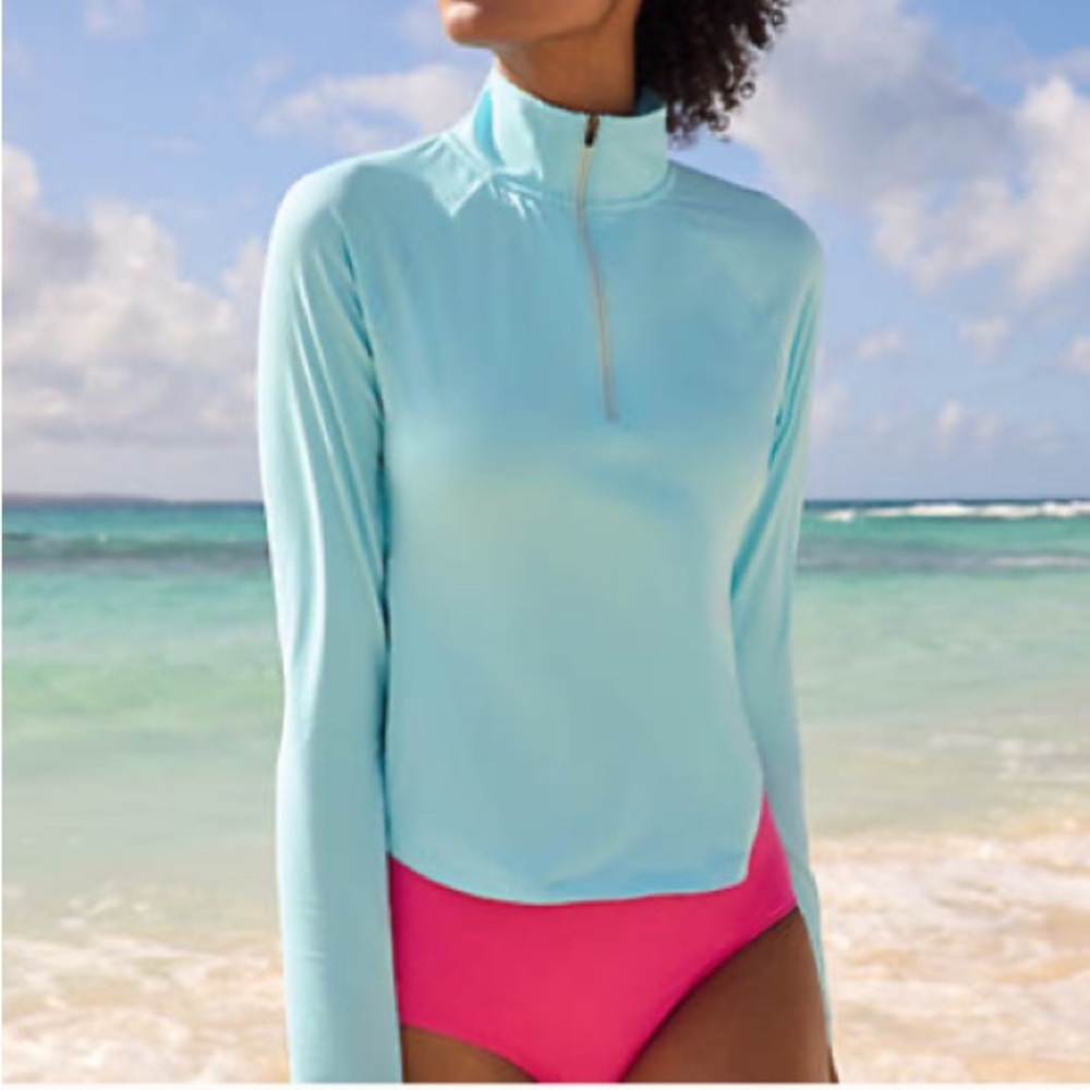LANDSEND Wms SunShade UPF 50 Long Raglan Sleeve Quarter Zip Rash Guard Tee